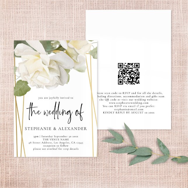 Convites Casamento de Código QR Rosa Branca Elegante Rosa Q (Criador carregado)