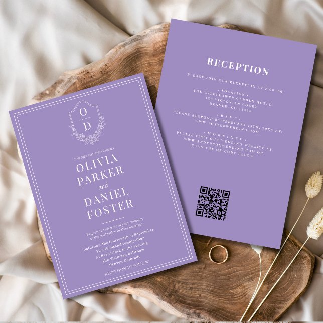 Convites Casamento de Código QR Roxo Lilac Púrpura do Crest (Criador carregado)