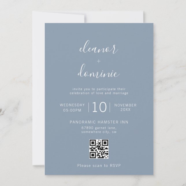 Convites Casamento de Código QR RSVP de Foto Azul com Dusty (Verso)