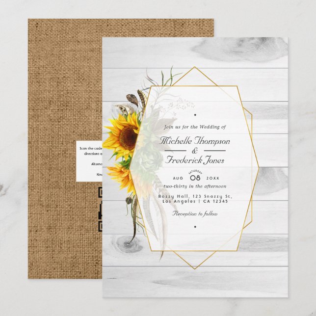 Convites Casamento de código QR RSVP do celeiro de girassói (Frente/Verso)