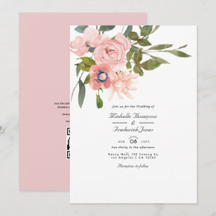 Convites Casamento de Código QR RSVP Floral Rosa Corado