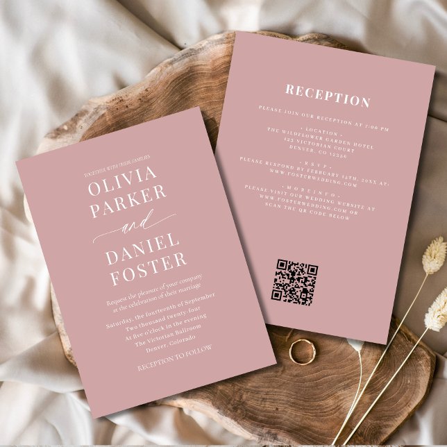Convites Casamento de Código QR Tudo em Um Dusty Rosa Pink (Criador carregado)
