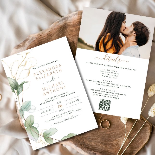 Convites Casamento de Código QR Tudo em Um Eucalyptus Green (Criador carregado)