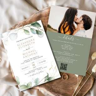 Convites Casamento de Código QR Tudo em Um Eucalyptus Green