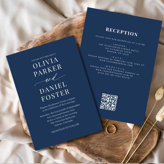 Convites Casamento de Código QR Tudo em um Marinho Elegante (Criador carregado)