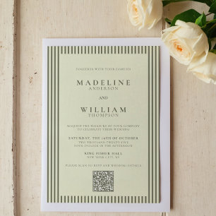 Convites Casamento de Código Qr Verde de Sage Striped Elega
