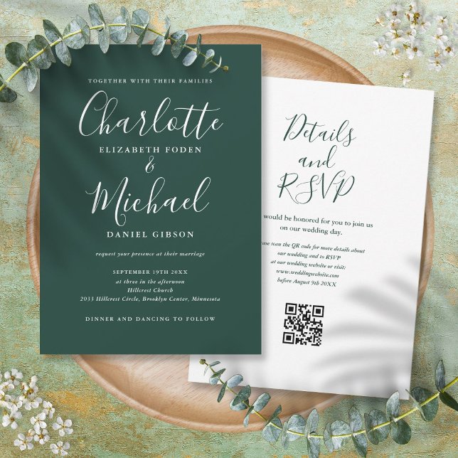 Convites Casamento de Código QR Verde Emerald com Script El (Elegant Script Emerald Green QR Code Wedding Invitation)