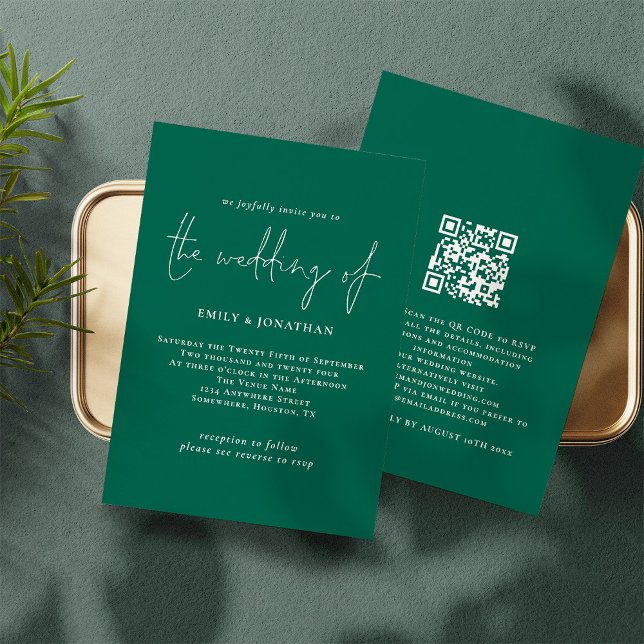 Convites Casamento de Código QR Verde Emerald com Script El (Frotn and back view. Available digitally and printed)