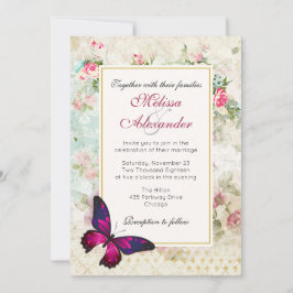 Convites Casamento de Colagem com Borboleta Rosa e Rosa Ant