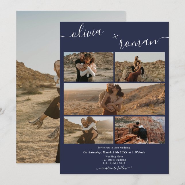 Convites Casamento de colagem de 6 fotos azul do marinho mo (Frente/Verso)
