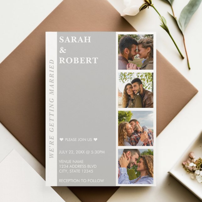 Convites Casamento de Colagem de Booth com Foto Branca e ci (Grey & White Photo Booth Collage Wedding Invitation)