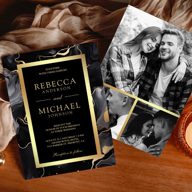 Convites Casamento de Colagem de Fotos de Ink Fluido Dourad (Criador carregado)