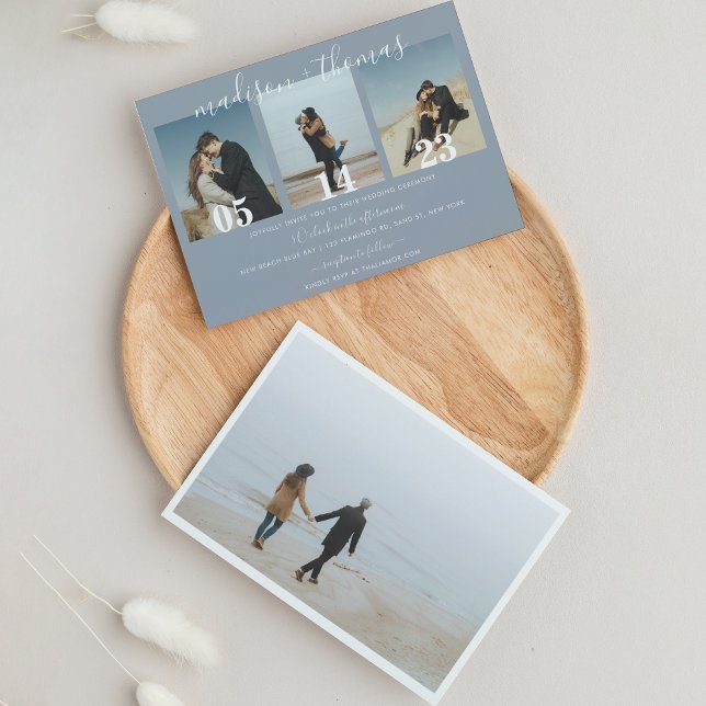 Convites Casamento de Colagem de Fotos do Script Azul Moder (Criador carregado)