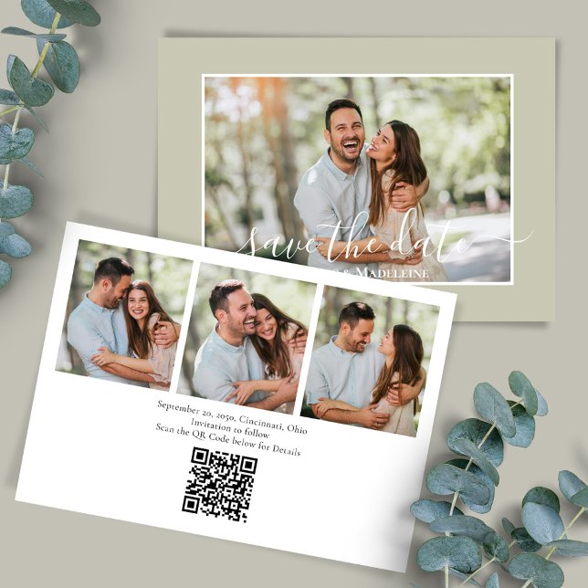 Convites Casamento de Colagem de Fotos Elegante Salve a Dat (Wedding save-the-date photo card with a scannable QR code. )