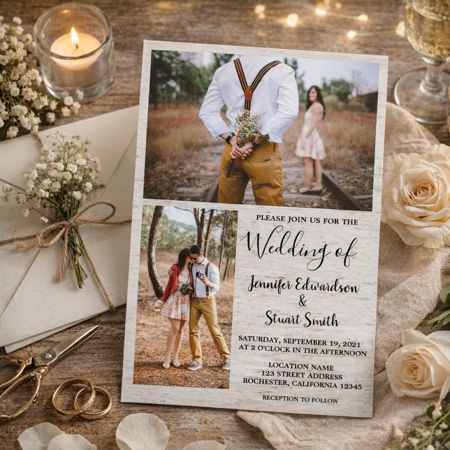 Convites Casamento de colagem de fotos em madeira de celeir (Create your own rustic country barn wood photo collage wedding invitation.)