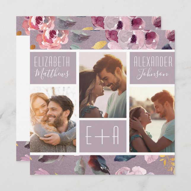Convites Casamento de Colagem de Fotos Floral Moderna Lilac (Frente/Verso)