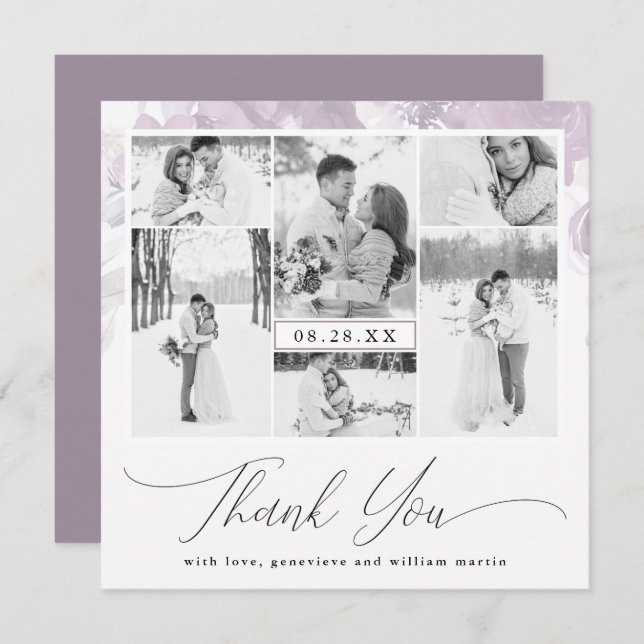 Convites Casamento de Colagem de Fotos Floral Purple Obriga (Frente/Verso)