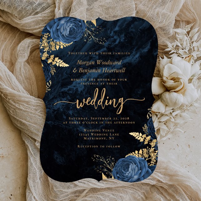 Convites Casamento de Colchete Floral Azul Naval Dourado El (Criador carregado)