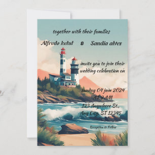 Convites Casamento de coloração d'água com farol de praia d