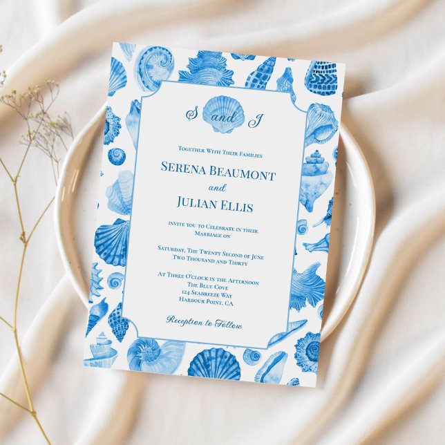 Convites Casamento de Concha Marinha Azul Centáurea Costeir (Cornflower Blue Coastal Seashell Wedding Invitation)