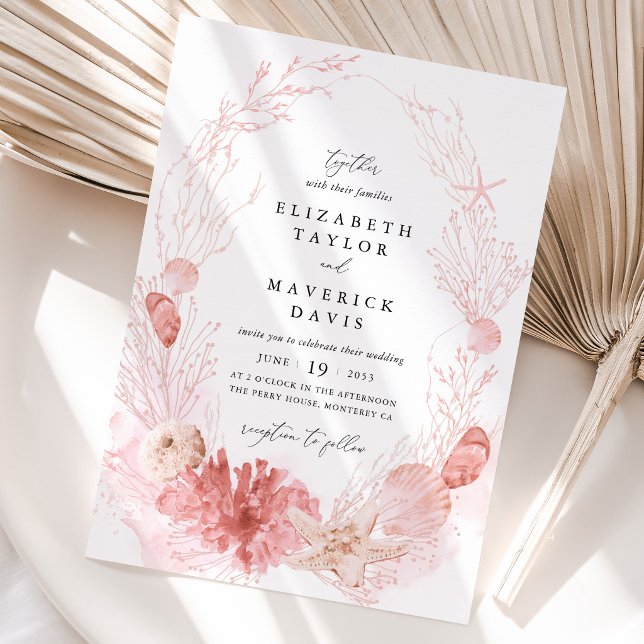 Convites Casamento de Concha Marinha Costeira Rosa (Beach Wedding Invitation Blush Coastal Seashell Invitation Pink Ocean Destination Wedding Card)