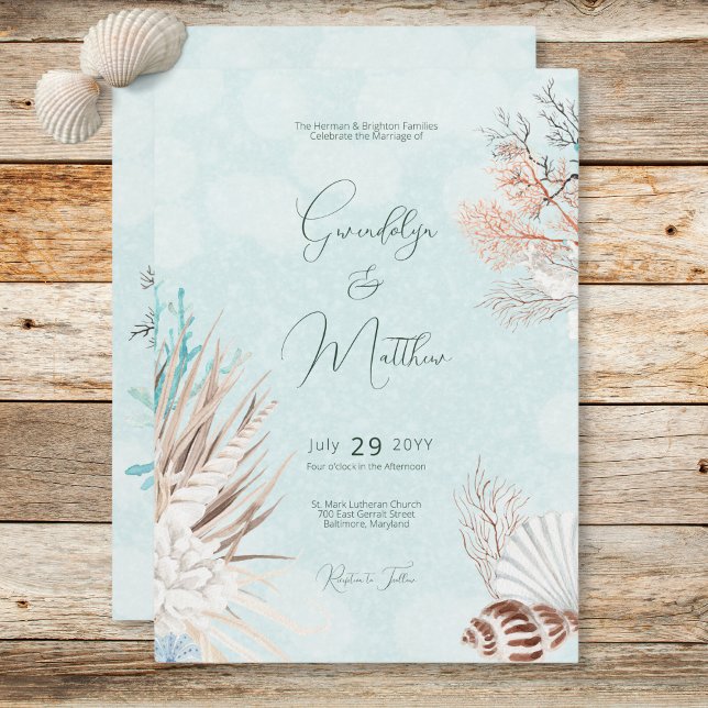 Convites Casamento de Conchas do Oceano Aqua Moderno (Modern Aqua Ocean Shells Wedding Invitation)