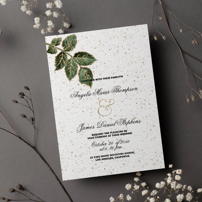Convites Casamento de confete de folha de ouro verde-branco (White green gold glitter leaf confetti wedding)