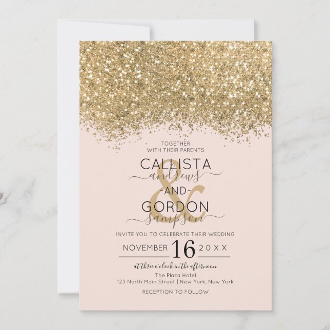 Convites Casamento de Confetti, Dourado Lúpulo Rosa,  Moder (Frente)