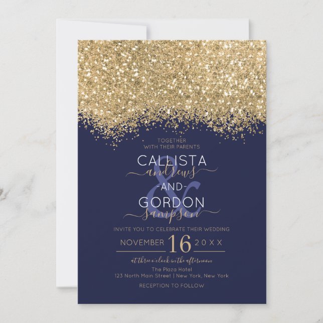 Convites Casamento de Confetti, Dourado Marinho de luxo mod (Frente)