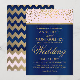 Convites Casamento de Confetti marinho Azul, Rosa e Dourado
