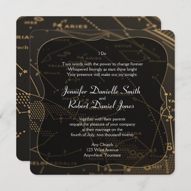 Convites Casamento de constelação Dourada e Negra (Frente/Verso)