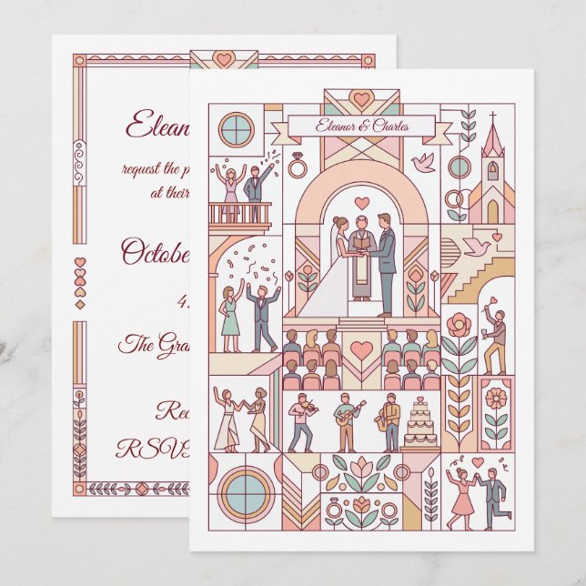 Convites Casamento de Conto de Fadas Art Déco (Frente/Verso)