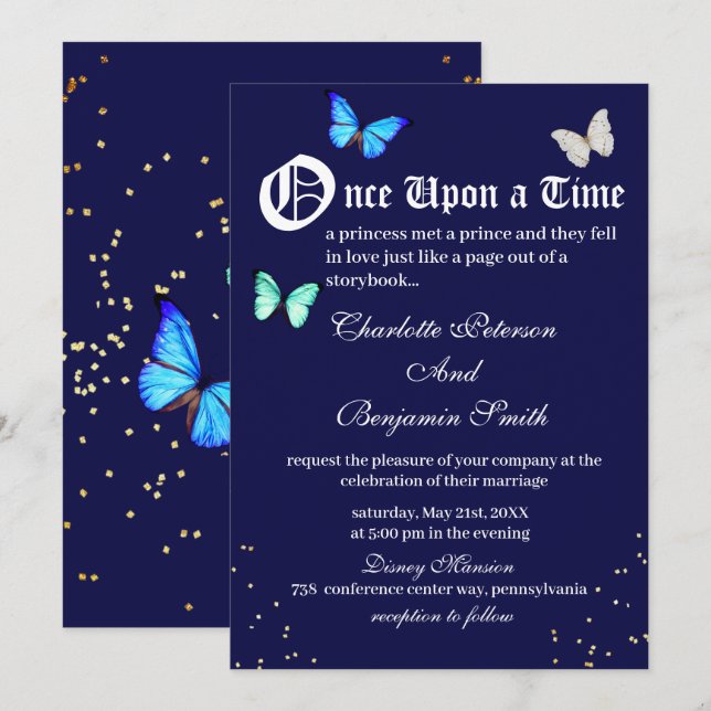 Convites Casamento de Conto de Fadas Borboleta Azul Marinho (Frente/Verso)