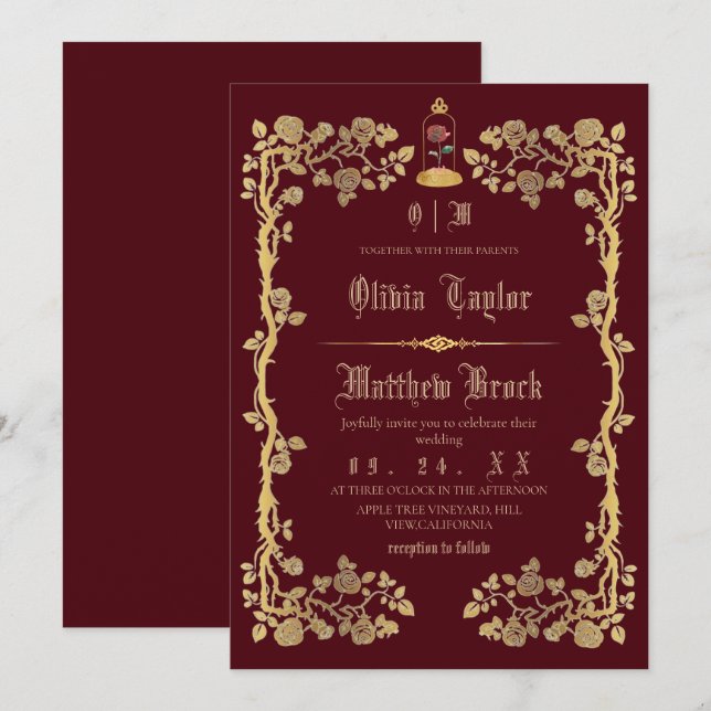 Convites Casamento de Conto de Fadas da Bela e a Fera  (Frente/Verso)