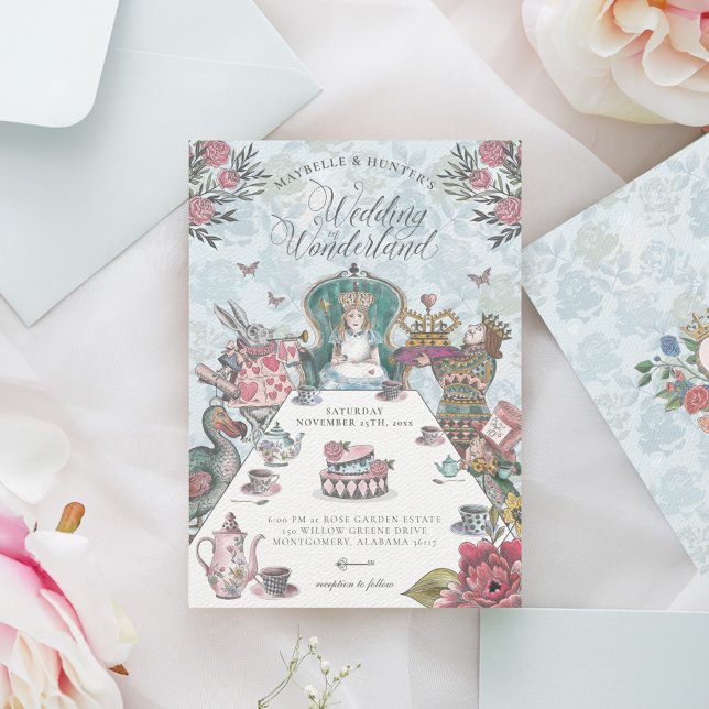 Convites Casamento de conto de fadas de Alice no País das M (Alice in Wonderland Tea Party Fairytale Wedding Invitation)