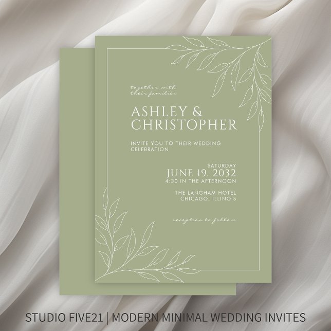 Convites Casamento de Contorno da Folhagem Verde Moderna do (Criador carregado)