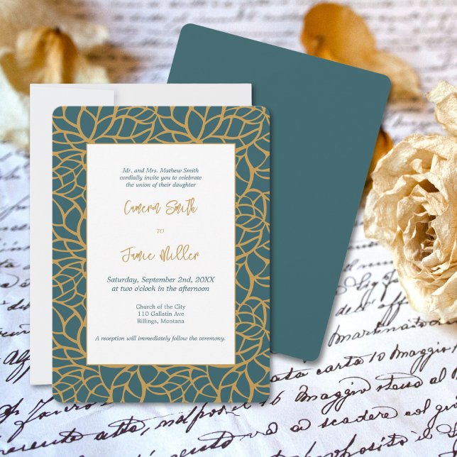 Convites Casamento de Contorno de Folhagem Dourada do Aztec (Aztec Gold Foliage Outline Wedding Invitation)
