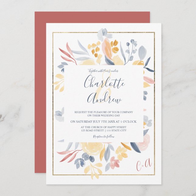 Convites Casamento de cor aquosa floral azul-vermelha (Frente/Verso)