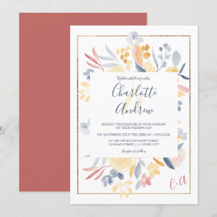 Convites Casamento de cor aquosa floral azul-vermelha