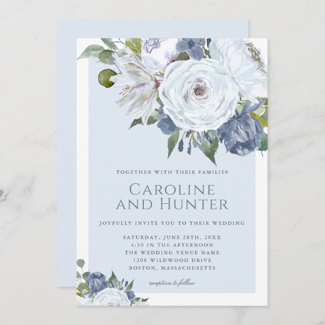 Convites Casamento de Cor Branca e Azul Floral Elegante (Frente/Verso)