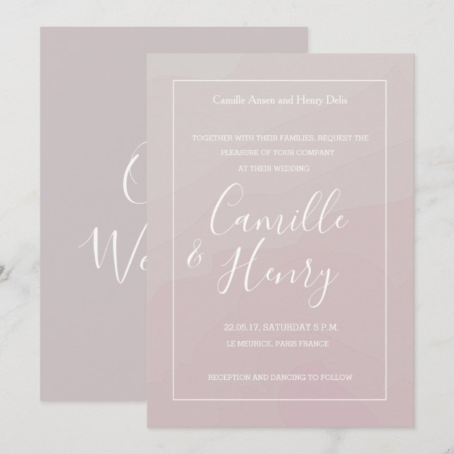 Convites Casamento de cor de água com cinza rosa pincelada  (Frente/Verso)