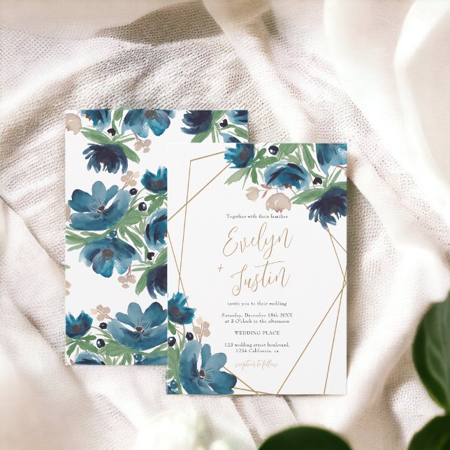 Convites Casamento de Cor de Água Floral, dourado e empoeir (Elegant dusty blue gold Floral Watercolor Wedding Invitation)