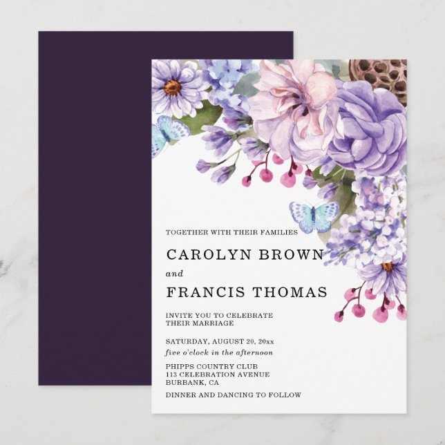 Convites Casamento de Cor de Água Floral Púrpura (Frente/Verso)