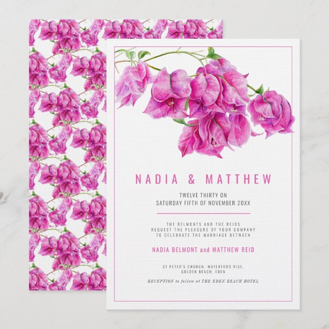 Convites Casamento de cor-de-água roxa-rosa Bougainvillea (Frente/Verso)