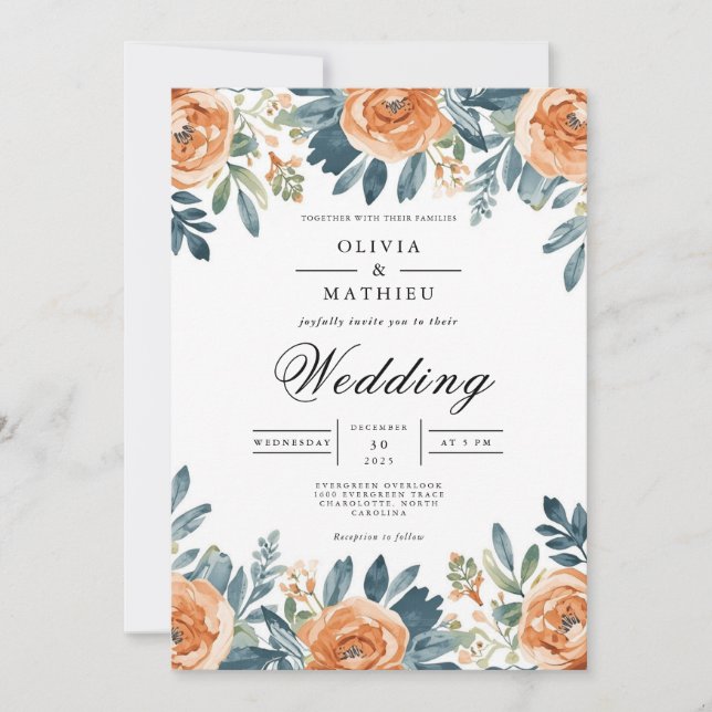 Convites Casamento de Cor Floral de Laranja Queimada (Frente)