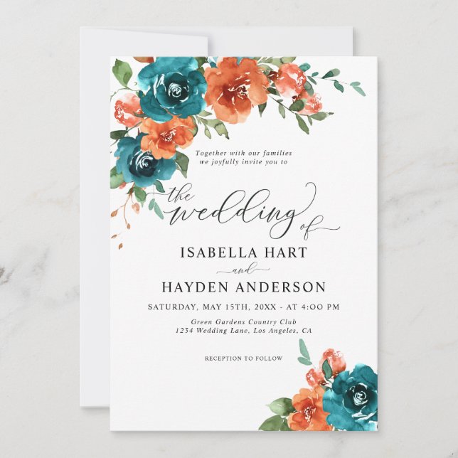 Convites Casamento De Cor Flórida Floral De Laranja Rústica (Frente)