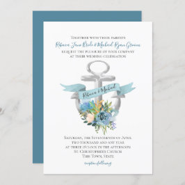 Convites Casamento de Cor Náutica Náutica com Âncora Floral