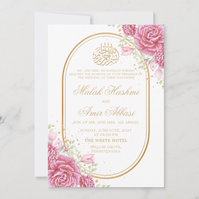 Convites Casamento de cor rosa Floral e Rosa Branco muçulma (Frente)