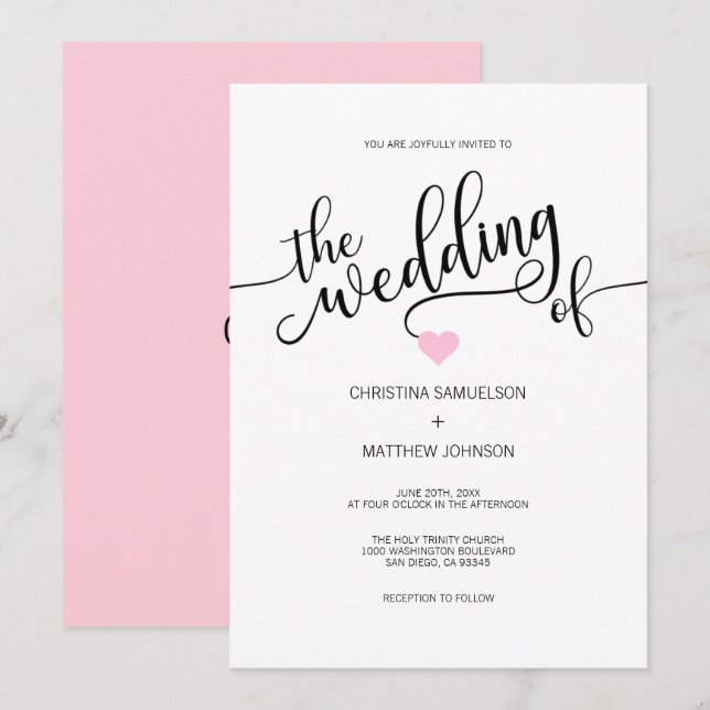 Convites Casamento de Coração de PINK Branco Branco Moderno (Frente/Verso)