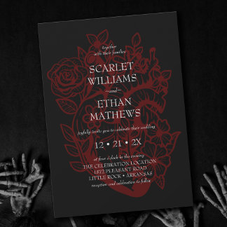 Convites Casamento de Coração Floral Vermelho e Preto Elega